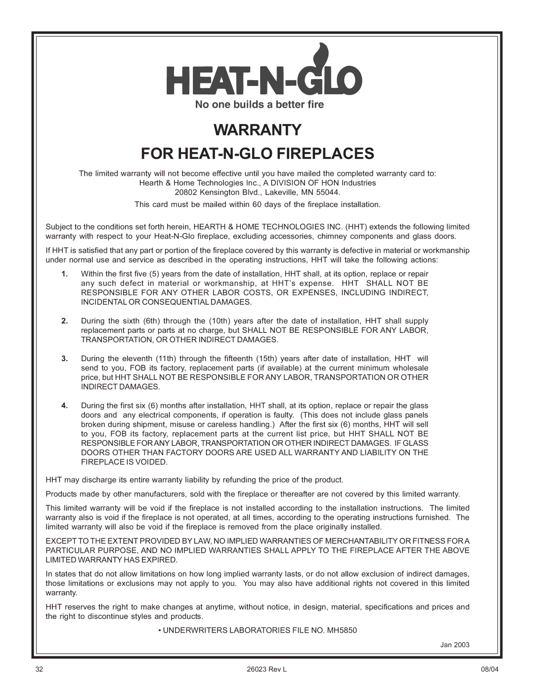 Hearth and Home Technologies RSW-41, RSW-47 manual Warranty For HEAT-N-GLO Fireplaces 