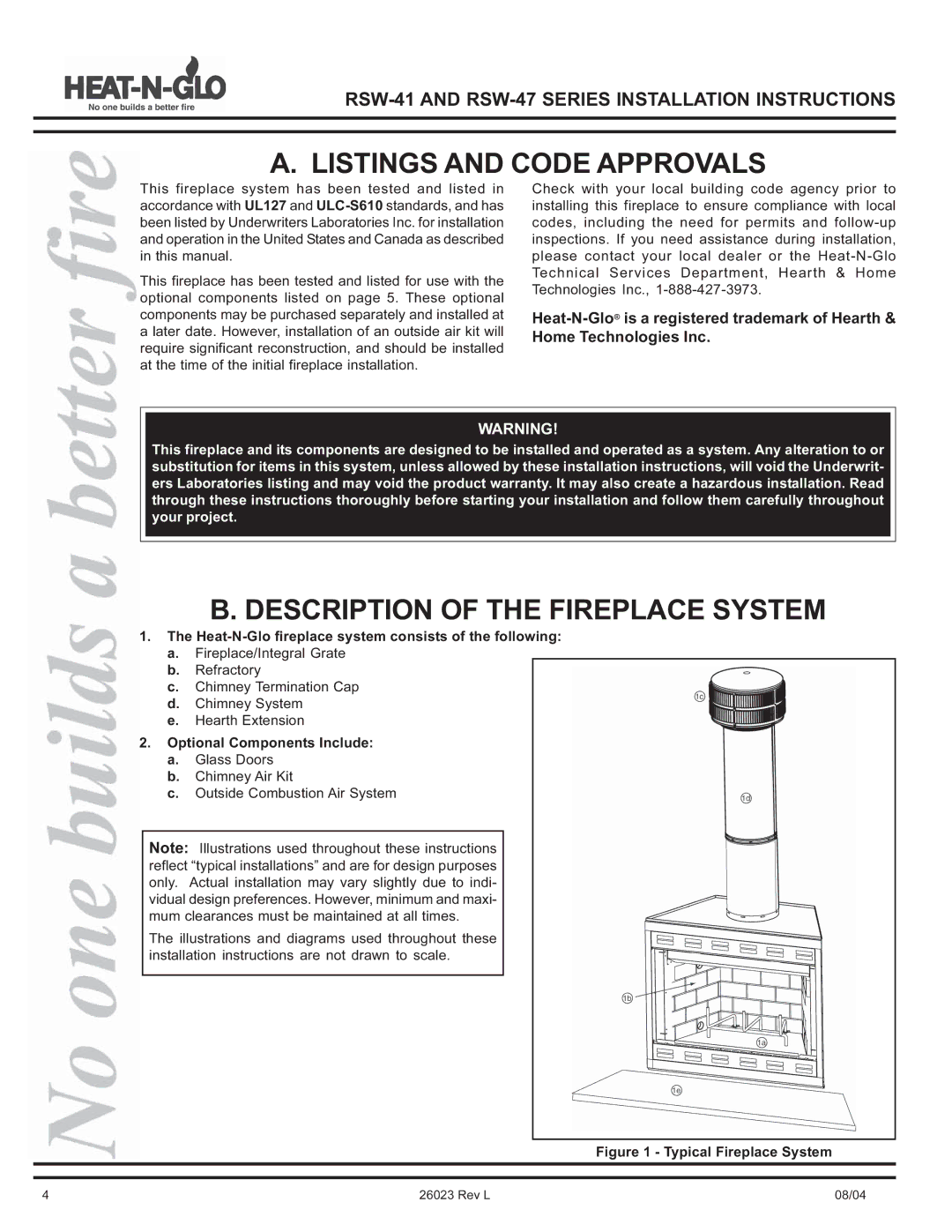 Hearth and Home Technologies RSW-41, RSW-47 manual Listings and Code Approvals, Description of the Fireplace System 