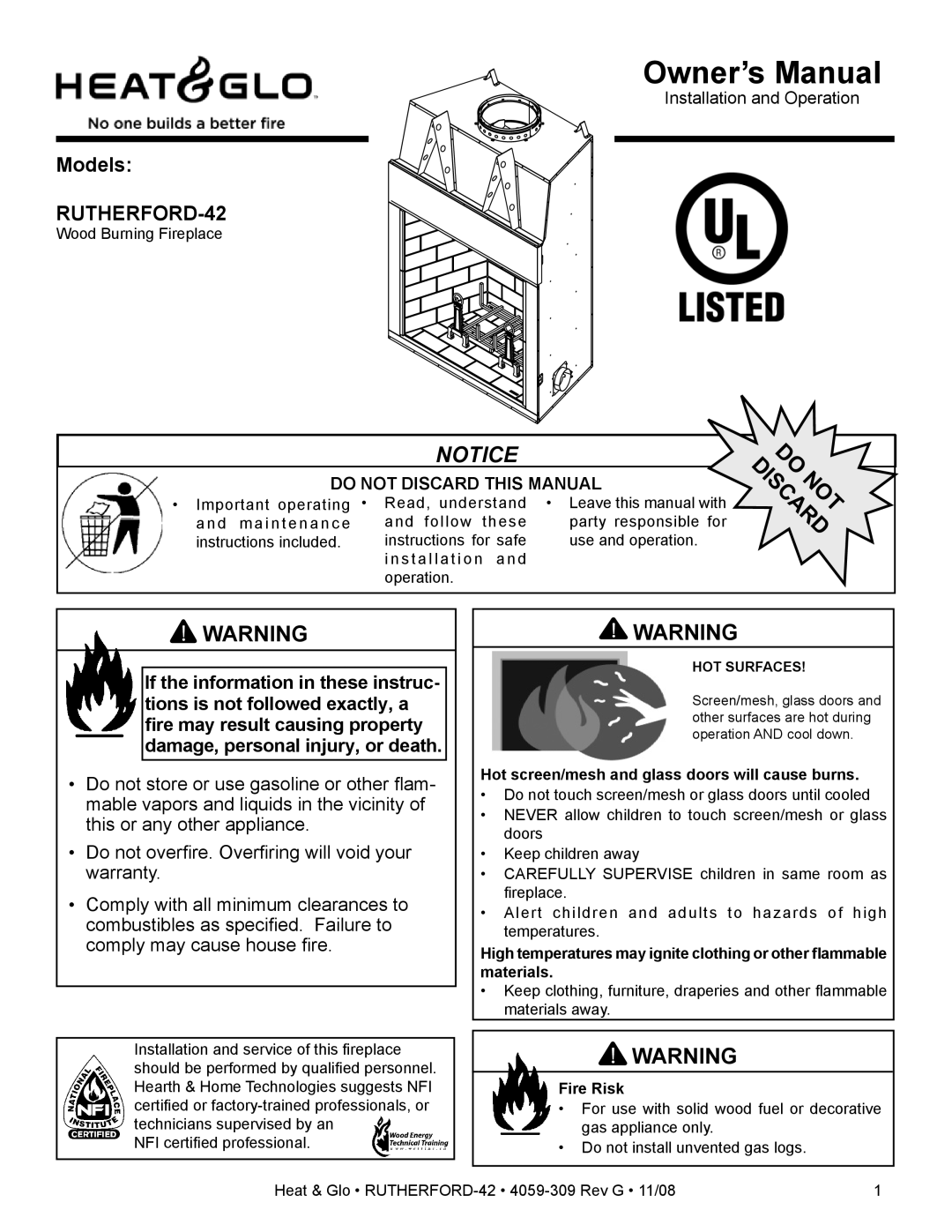 Hearth and Home Technologies RUTHERFORD-42 owner manual Hot screen/mesh and glass doors will cause burns, Fire Risk 