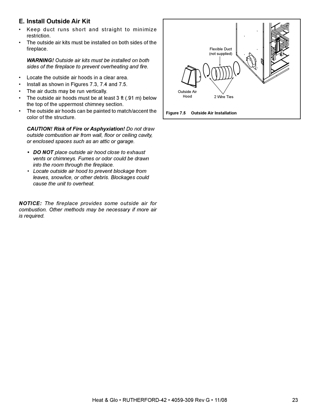 Hearth and Home Technologies RUTHERFORD-42 owner manual Install Outside Air Kit, Outside Air Installation 