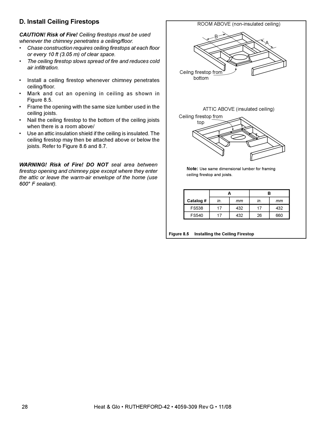 Hearth and Home Technologies RUTHERFORD-42 owner manual Install Ceiling Firestops, Installing the Ceiling Firestop 