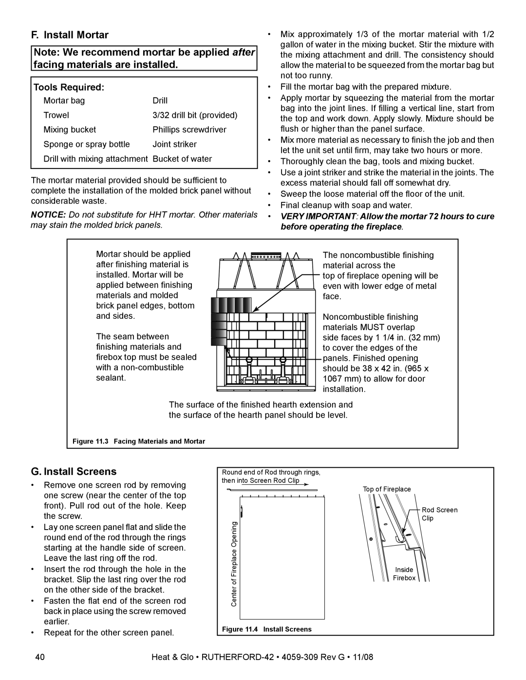 Hearth and Home Technologies RUTHERFORD-42 owner manual Install Mortar, Install Screens 