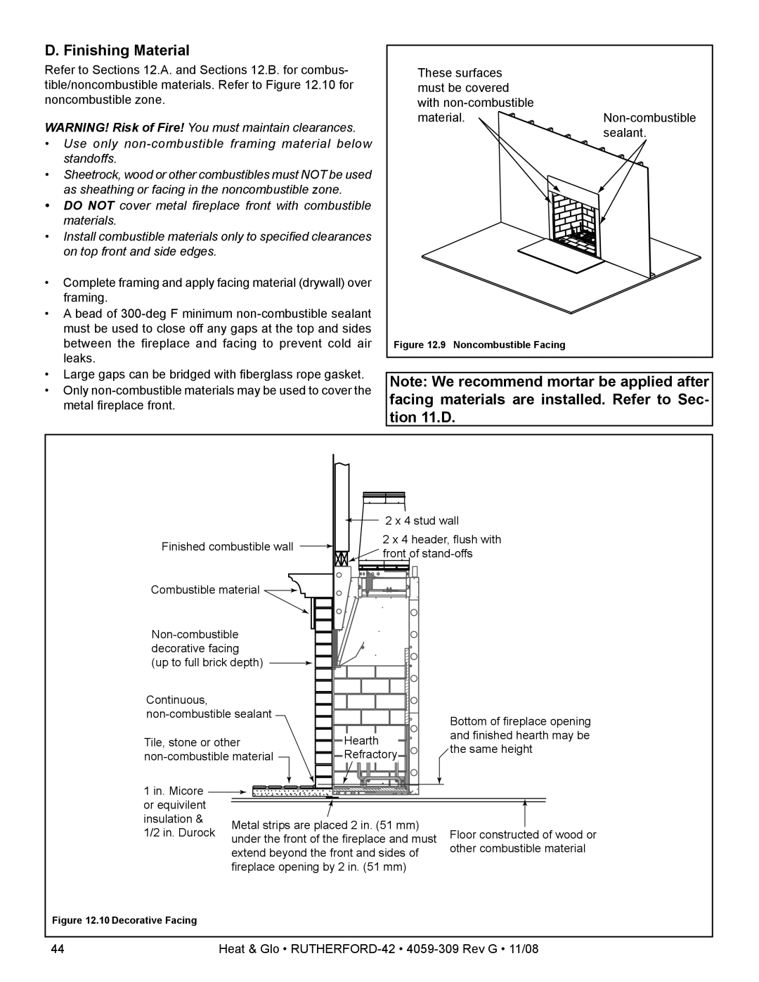 Hearth and Home Technologies RUTHERFORD-42 owner manual Finishing Material, Noncombustible Facing 