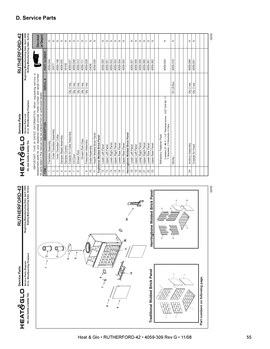 Hearth and Home Technologies RUTHERFORD-42 owner manual Service, Parts 