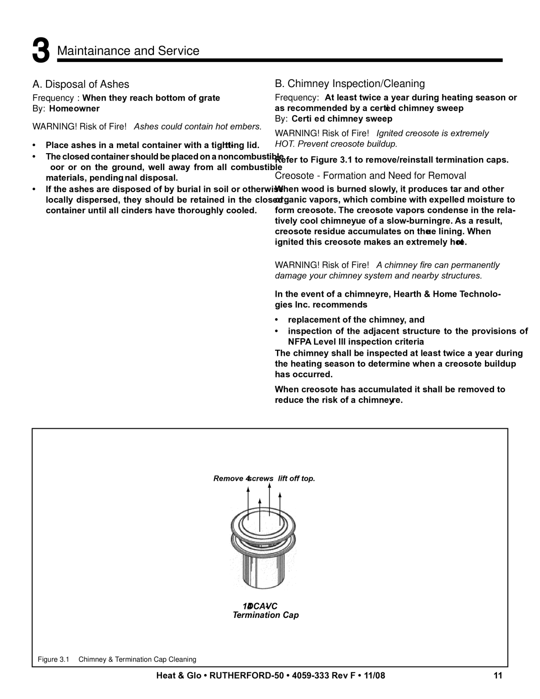 Hearth and Home Technologies RUTHERFORD-50 Maintainance and Service, Disposal of Ashes, Chimney Inspection/Cleaning 