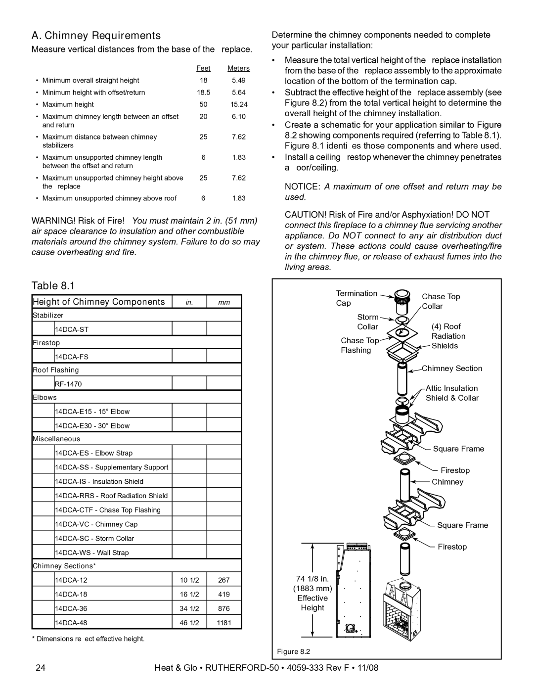 Hearth and Home Technologies RUTHERFORD-50 owner manual Chimney Requirements, Height of Chimney Components 