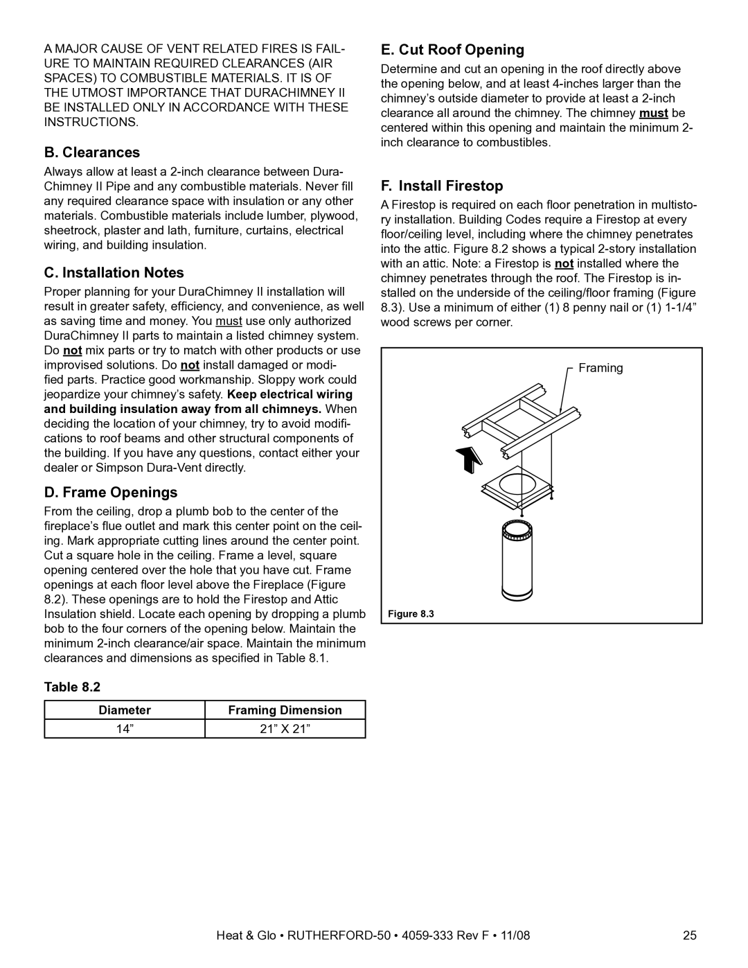 Hearth and Home Technologies RUTHERFORD-50 Installation Notes, Frame Openings, Cut Roof Opening, Install Firestop 