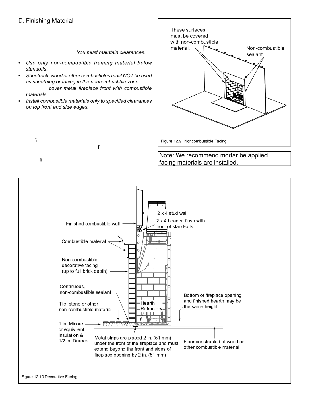 Hearth and Home Technologies RUTHERFORD-50 owner manual Finishing Material, Noncombustible Facing 