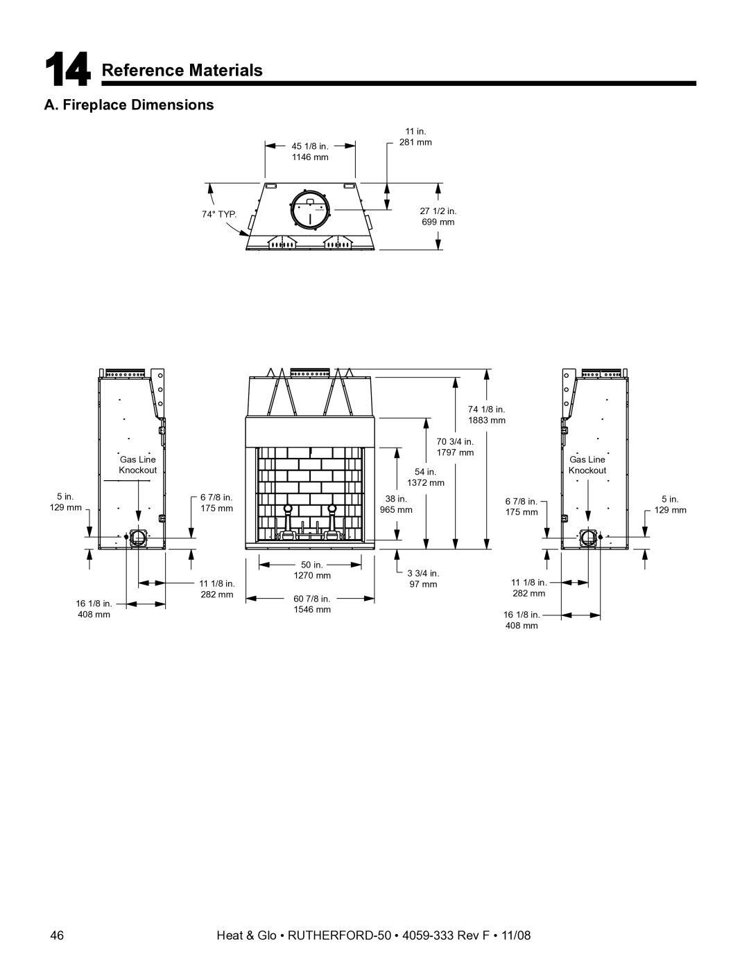 Hearth and Home Technologies RUTHERFORD-50 owner manual Reference Materials, Fireplace Dimensions 