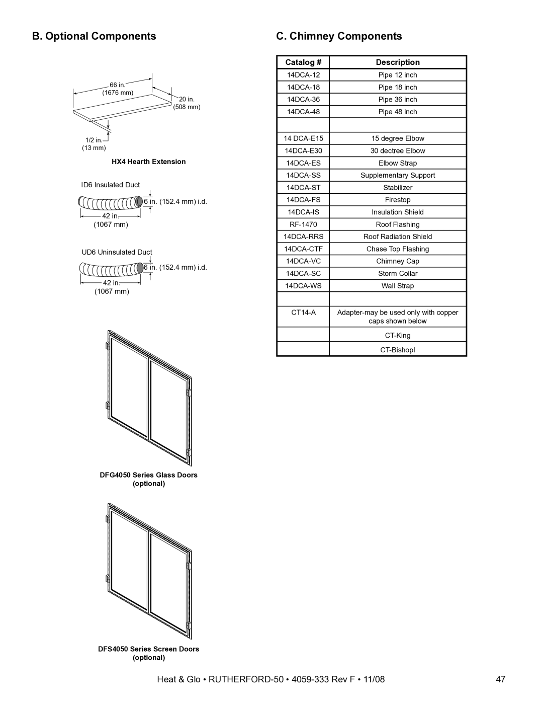 Hearth and Home Technologies RUTHERFORD-50 owner manual Chimney Components, Catalog # Description 