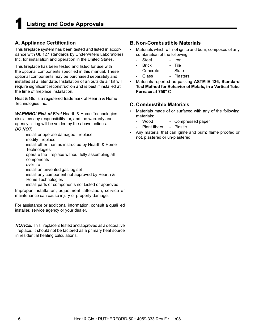 Hearth and Home Technologies RUTHERFORD-50 Listing and Code Approvals, Appliance Certiﬁcation, Non-Combustible Materials 