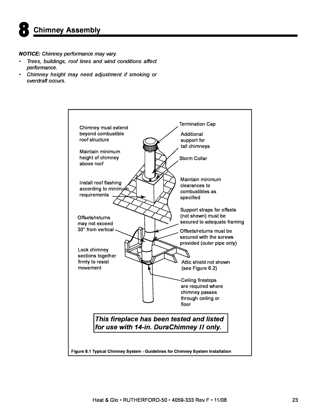Hearth and Home Technologies RUTHERFORD-50 owner manual Chimney Assembly, NOTICE Chimney performance may vary 