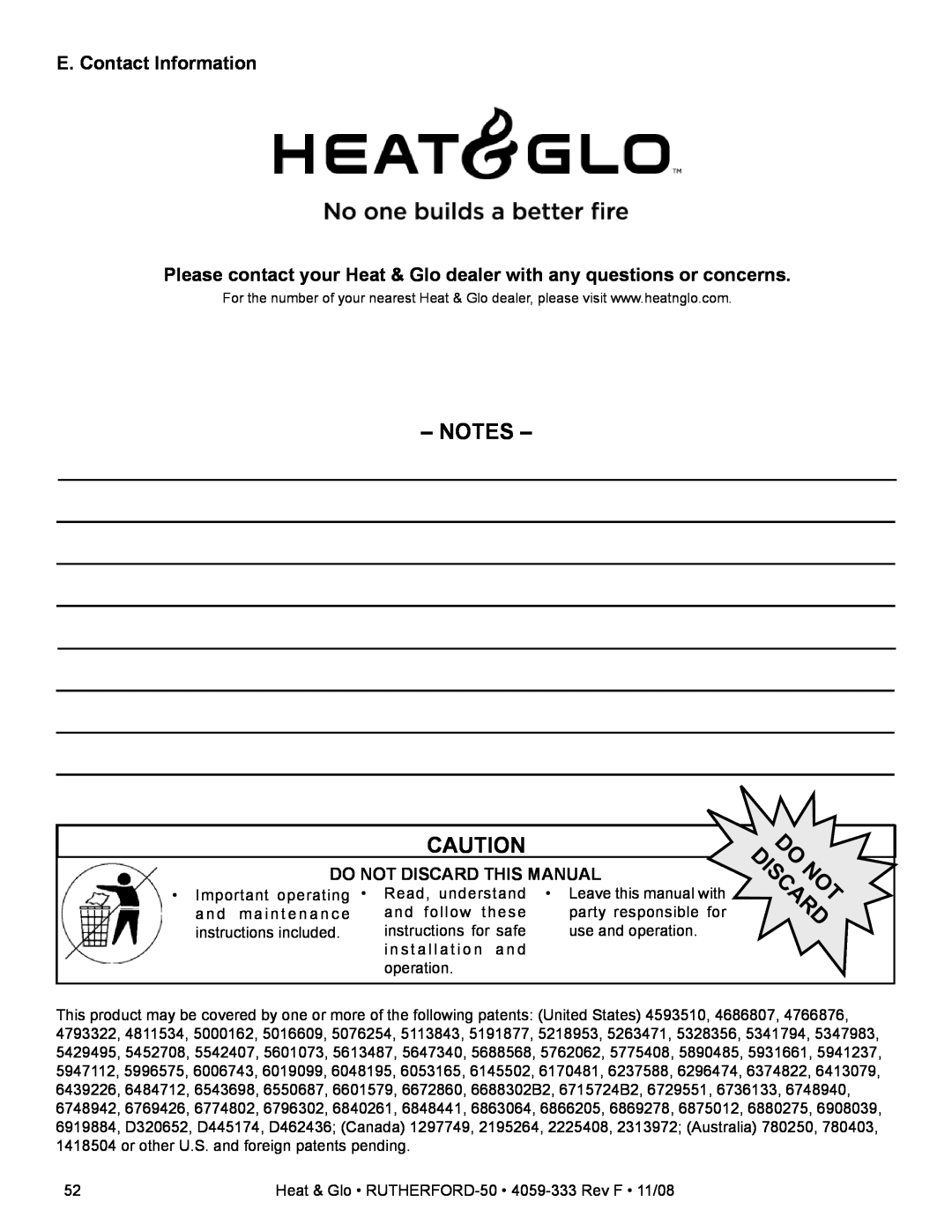Hearth and Home Technologies RUTHERFORD-50 owner manual E. Contact Information, Do Not Discard This Manual, Do Discardnot 