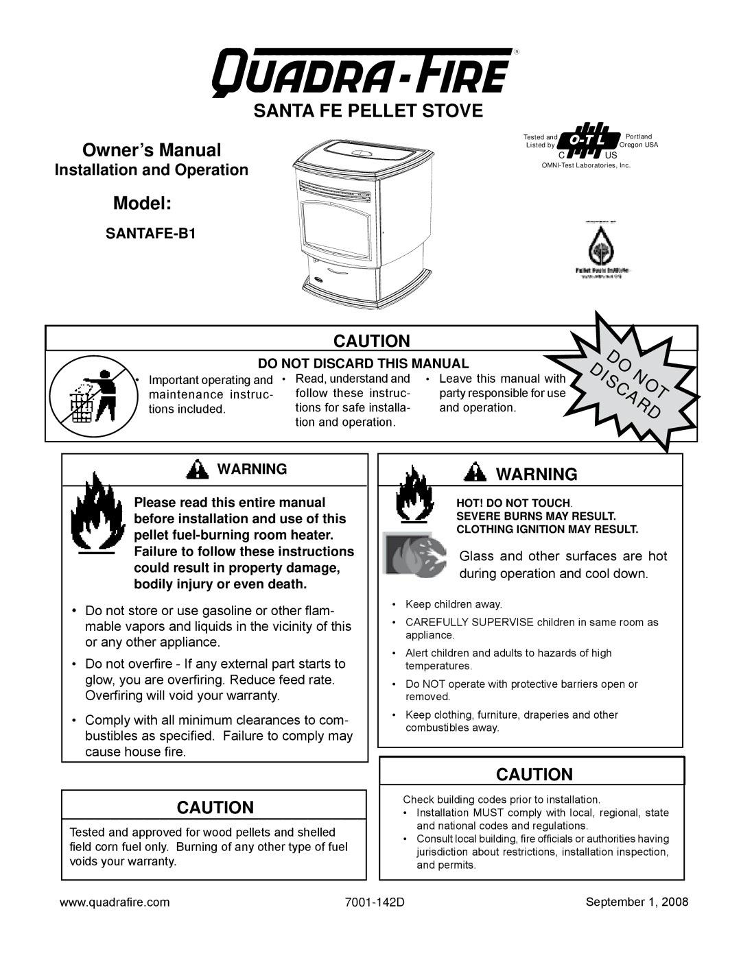 Hearth and Home Technologies SANTAFE-B1 owner manual Santa FE Pellet Stove 