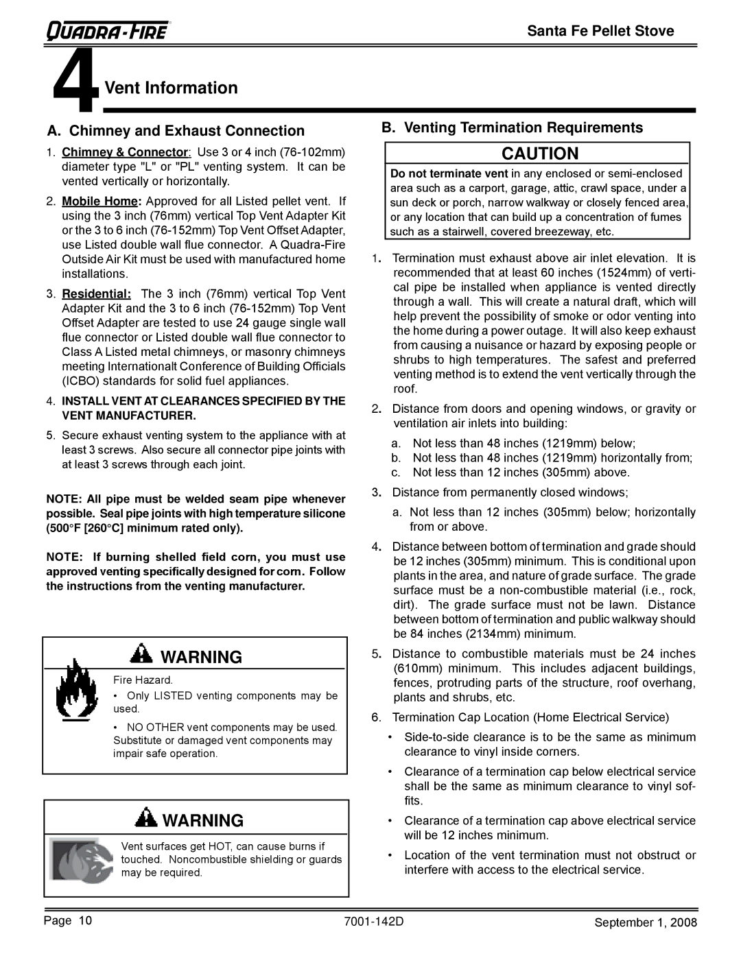 Hearth and Home Technologies SANTAFE-B1 owner manual Chimney and Exhaust Connection, Venting Termination Requirements 