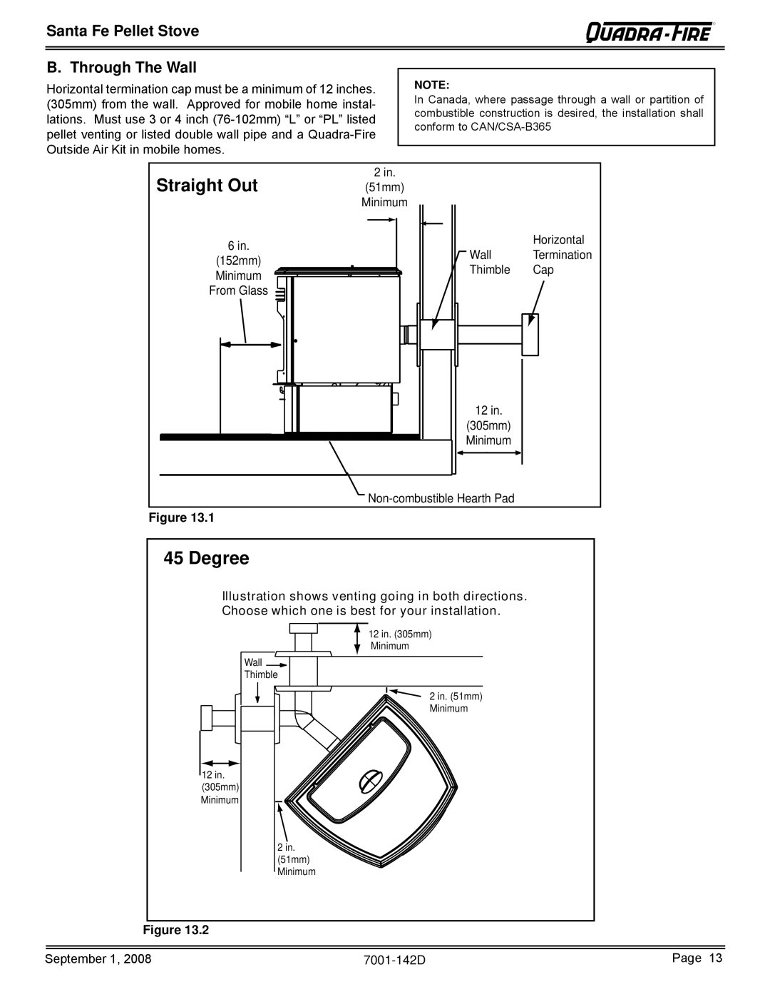 Hearth and Home Technologies SANTAFE-B1 owner manual Straight Out, Degree, Santa Fe Pellet Stove Through The Wall 