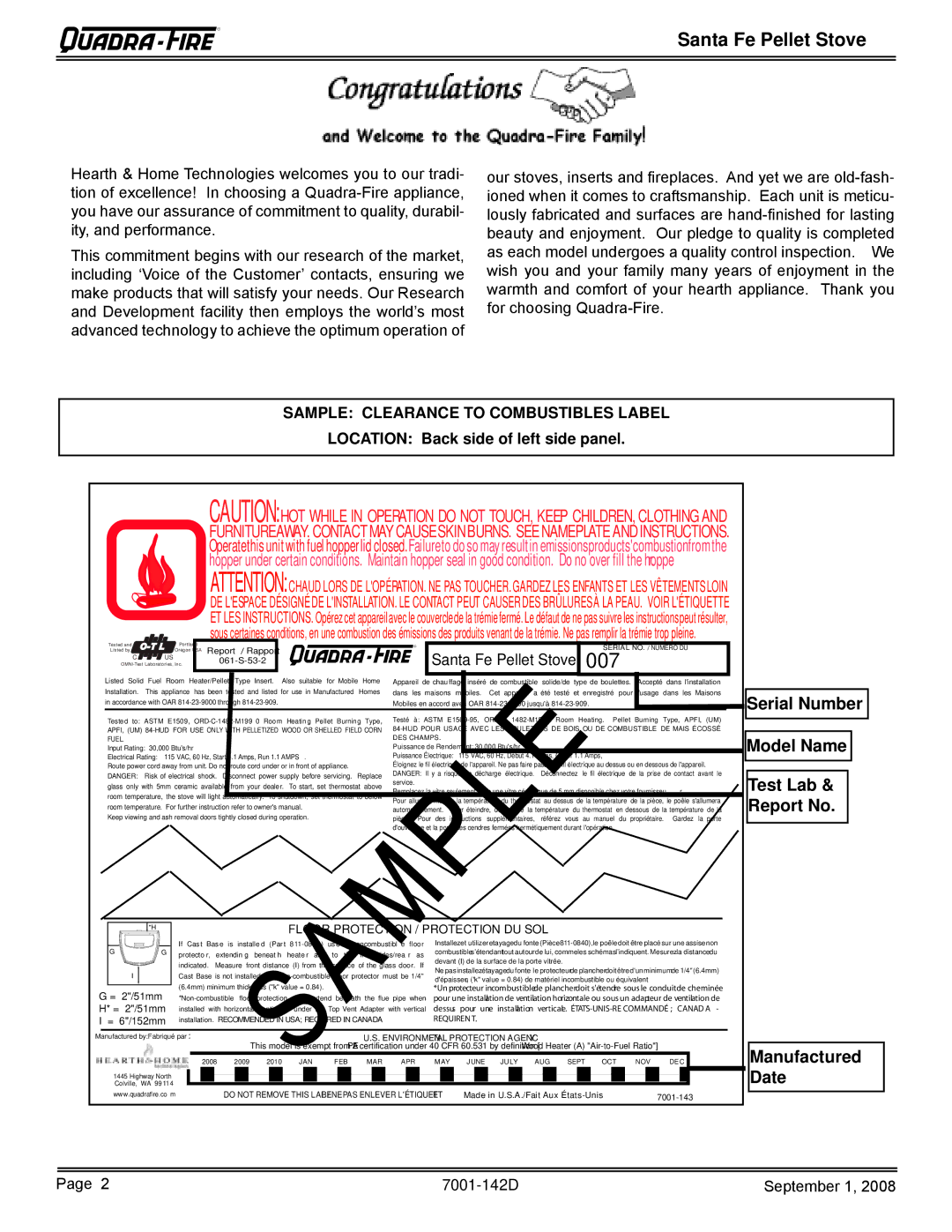 Hearth and Home Technologies SANTAFE-B1 owner manual Santa Fe Pellet Stove, Serial Number Model Name 