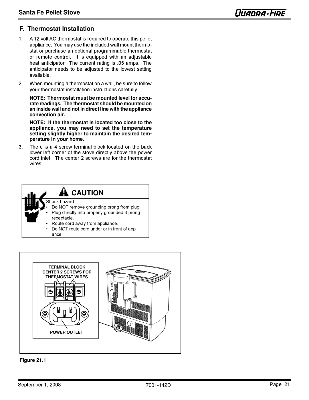 Hearth and Home Technologies SANTAFE-B1 owner manual Santa Fe Pellet Stove Thermostat Installation 