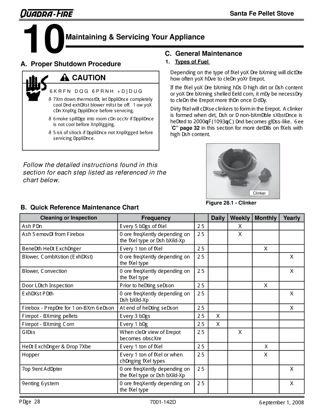 Hearth and Home Technologies SANTAFE-B1 Maintaining & Servicing Your Appliance, Quick Reference Maintenance Chart 