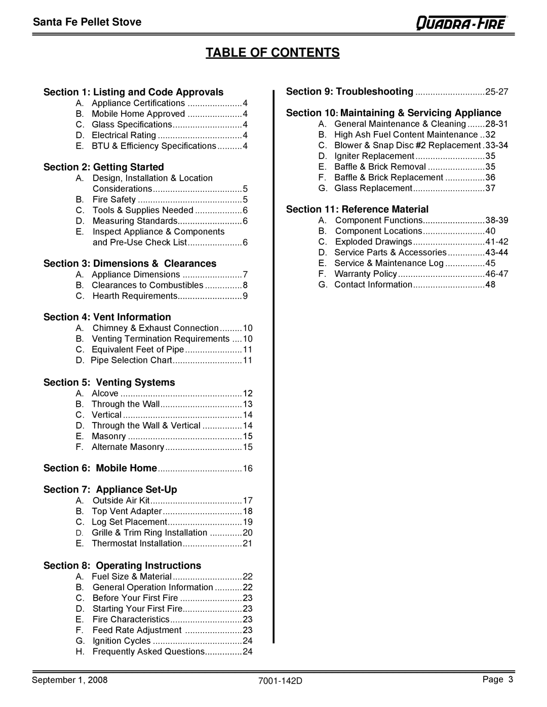 Hearth and Home Technologies SANTAFE-B1 owner manual Table of Contents 