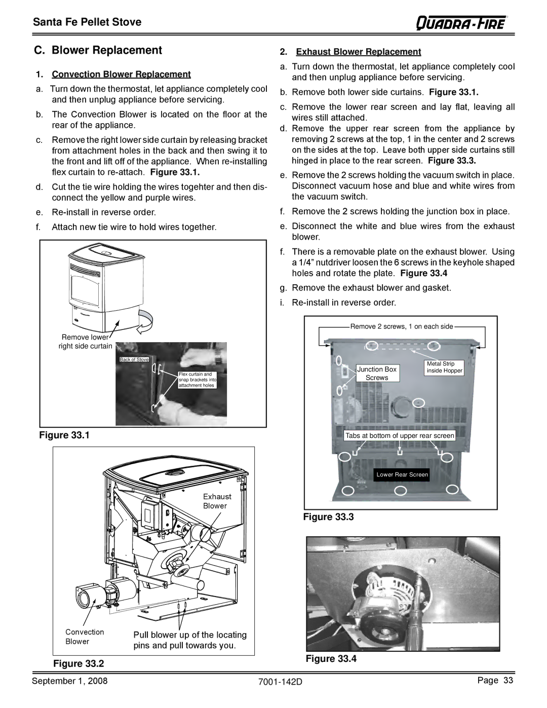 Hearth and Home Technologies SANTAFE-B1 owner manual Convection Blower Replacement, Exhaust Blower Replacement 