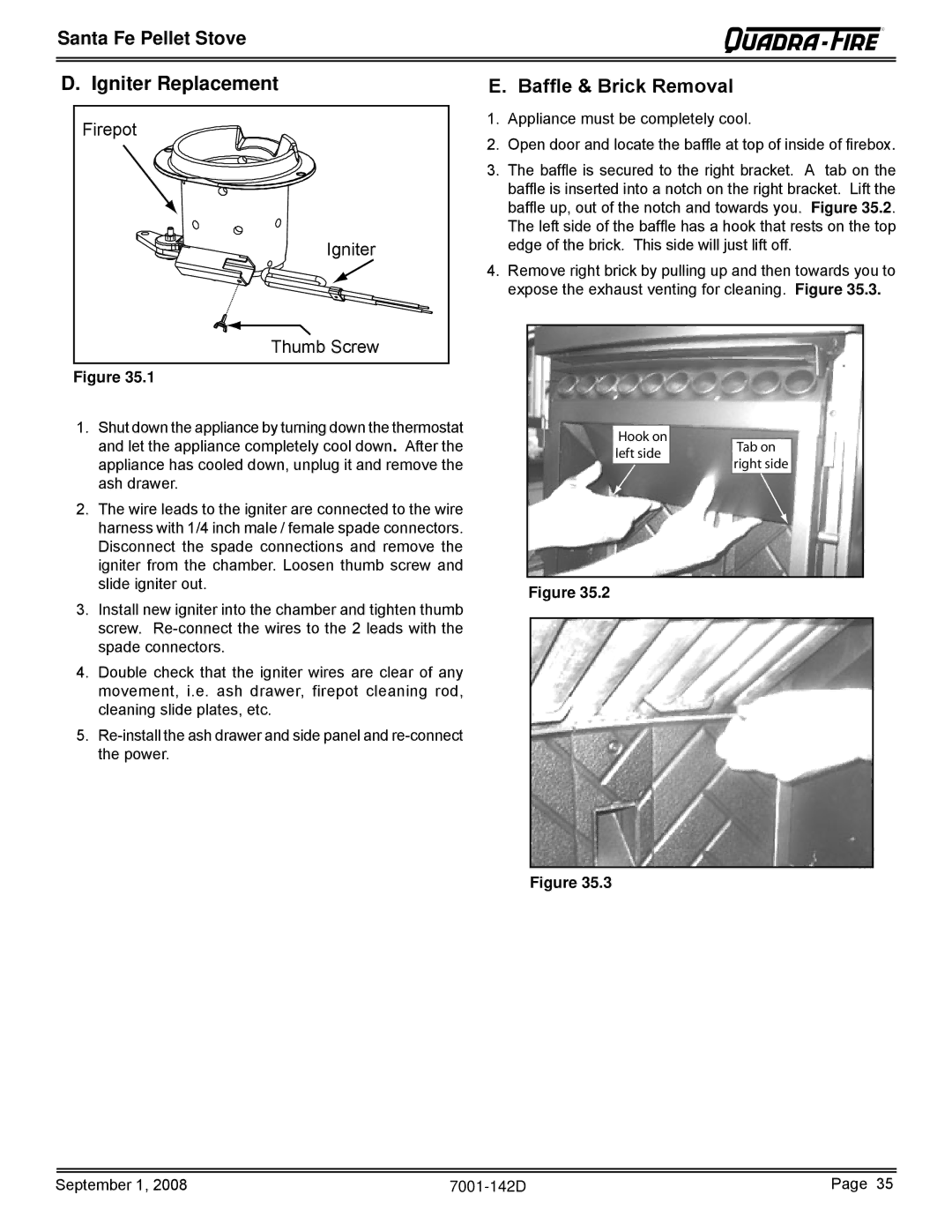 Hearth and Home Technologies SANTAFE-B1 owner manual Igniter Replacement 