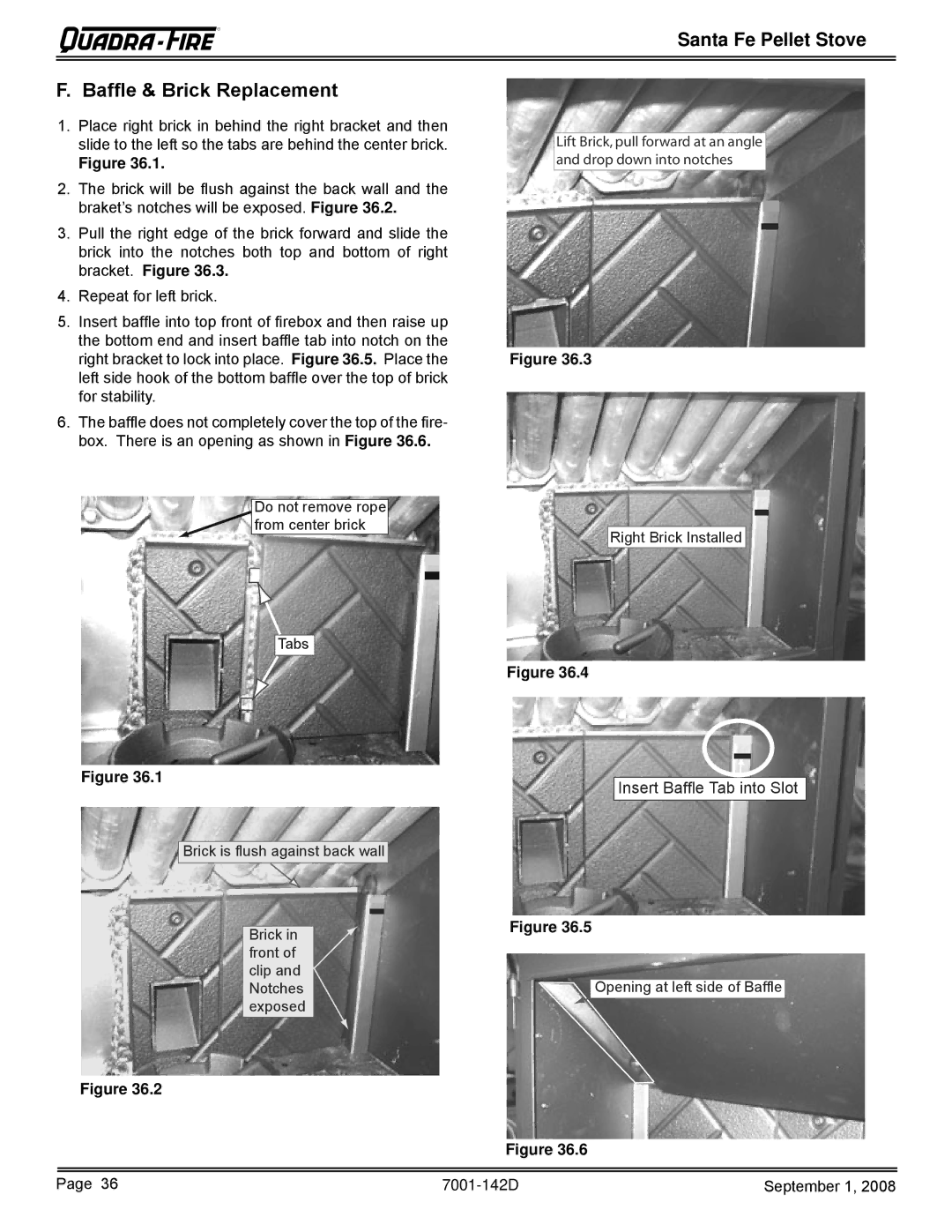 Hearth and Home Technologies SANTAFE-B1 owner manual Baffle & Brick Replacement 