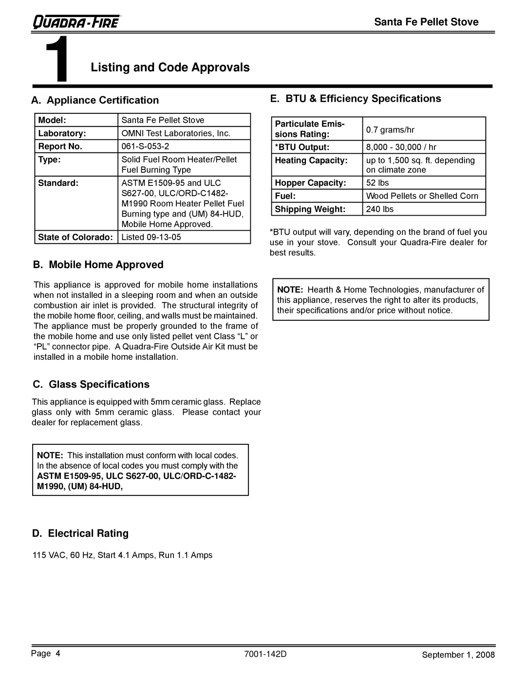 Hearth and Home Technologies SANTAFE-B1 owner manual Listing and Code Approvals 