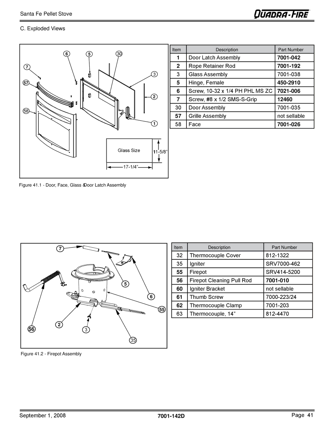 Hearth and Home Technologies SANTAFE-B1 owner manual Santa Fe Pellet Stove Exploded Views, Description Part Number 