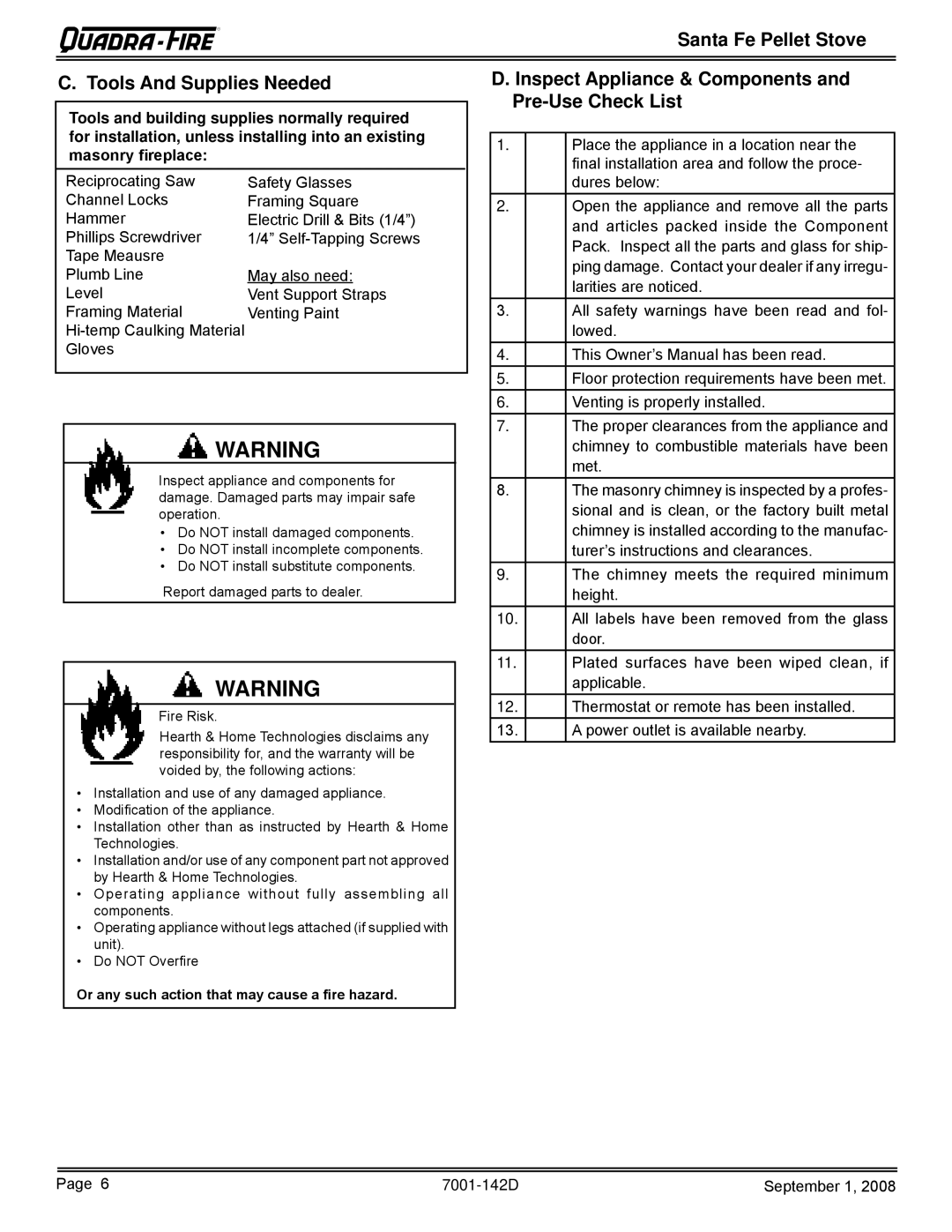 Hearth and Home Technologies SANTAFE-B1 owner manual Santa Fe Pellet Stove Tools And Supplies Needed 