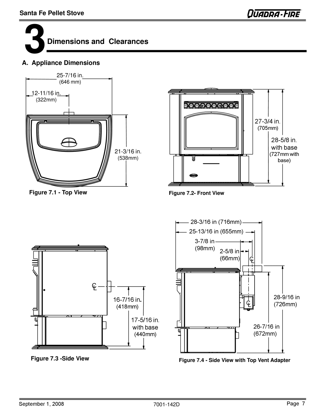 Hearth and Home Technologies SANTAFE-B1 owner manual 3Dimensions and Clearances, Appliance Dimensions 