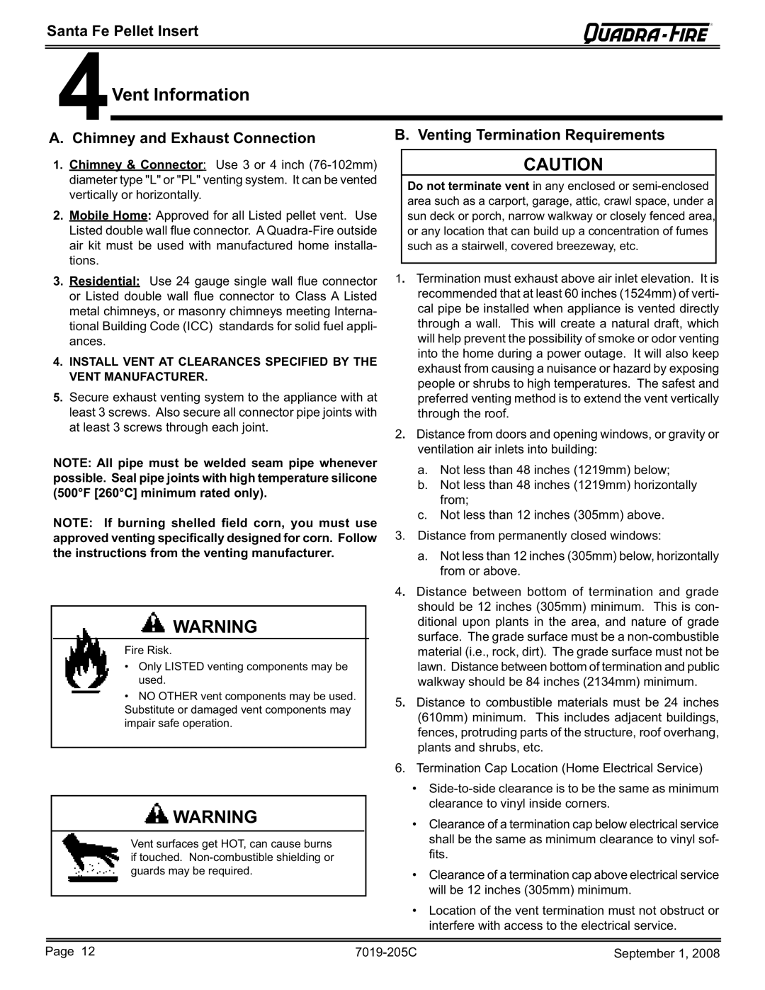 Hearth and Home Technologies SANTAFEI-B owner manual 4Vent Information, Chimney and Exhaust Connection 