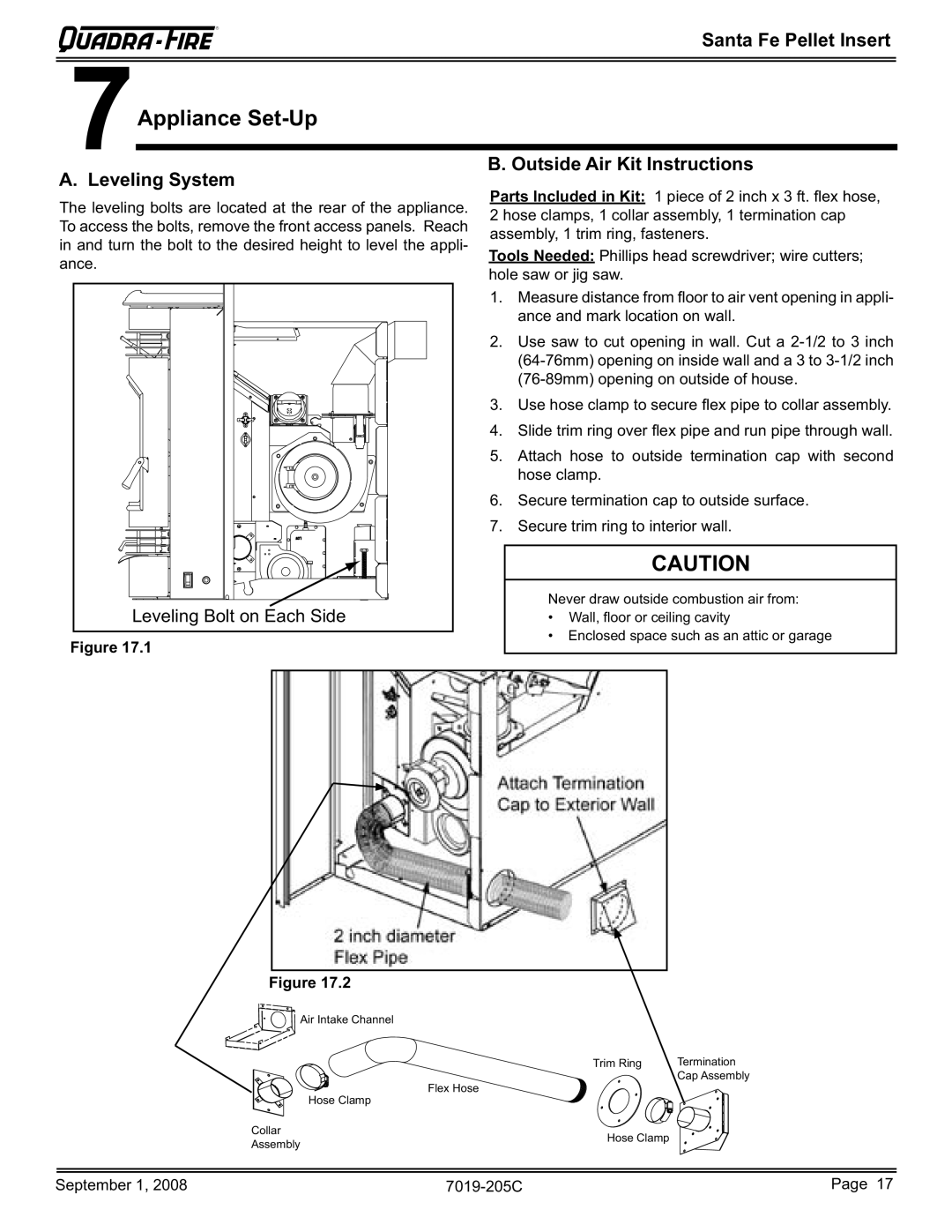 Hearth and Home Technologies SANTAFEI-B owner manual 7Appliance Set-Up, Leveling System, Outside Air Kit Instructions 