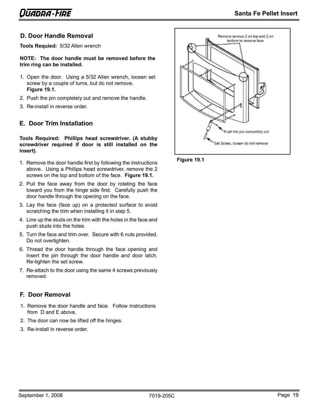 Hearth and Home Technologies SANTAFEI-B owner manual Door Handle Removal, Door Trim Installation, Door Removal 