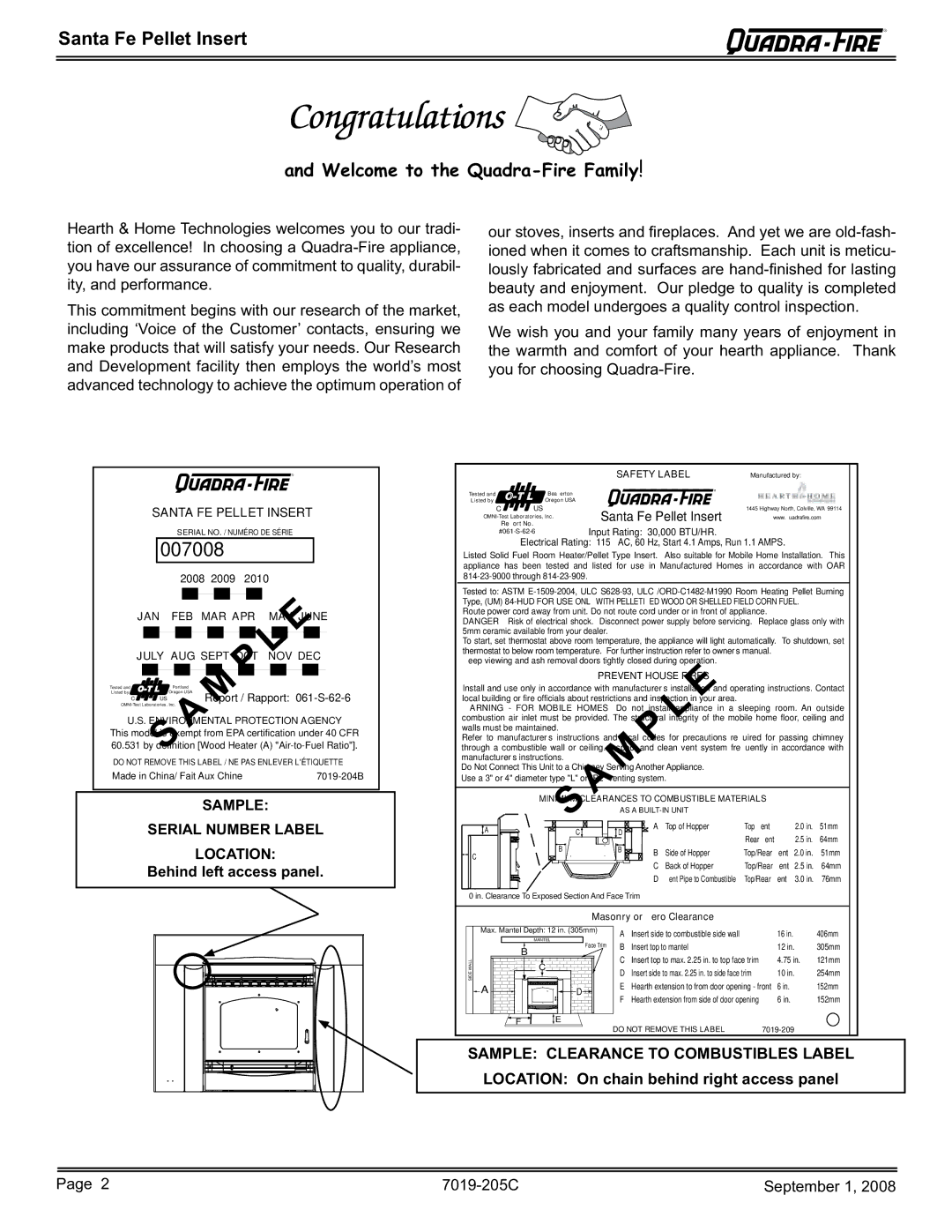 Hearth and Home Technologies SANTAFEI-B owner manual Santa Fe Pellet Insert, Behind left access panel 