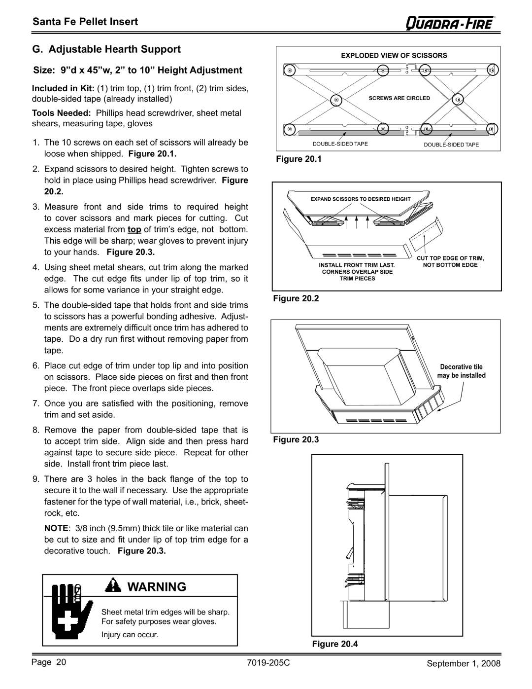 Hearth and Home Technologies SANTAFEI-B owner manual Santa Fe Pellet Insert Adjustable Hearth Support 