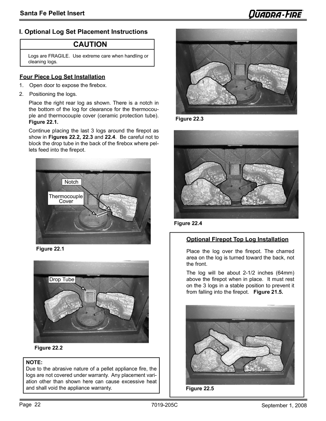 Hearth and Home Technologies SANTAFEI-B owner manual Four Piece Log Set Installation, Optional Firepot Top Log Installation 