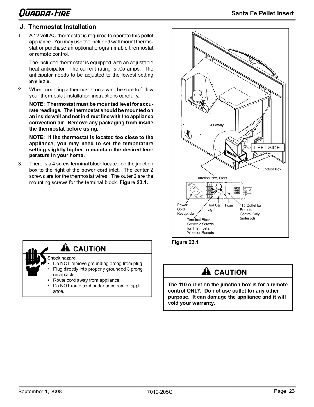 Hearth and Home Technologies SANTAFEI-B owner manual Santa Fe Pellet Insert Thermostat Installation, Left Side 