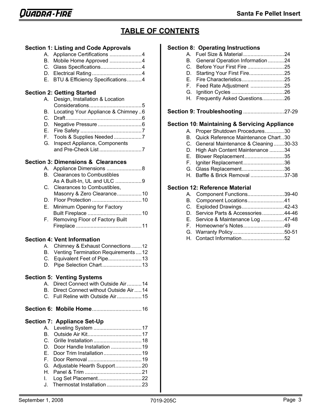 Hearth and Home Technologies SANTAFEI-B owner manual Table of Contents 