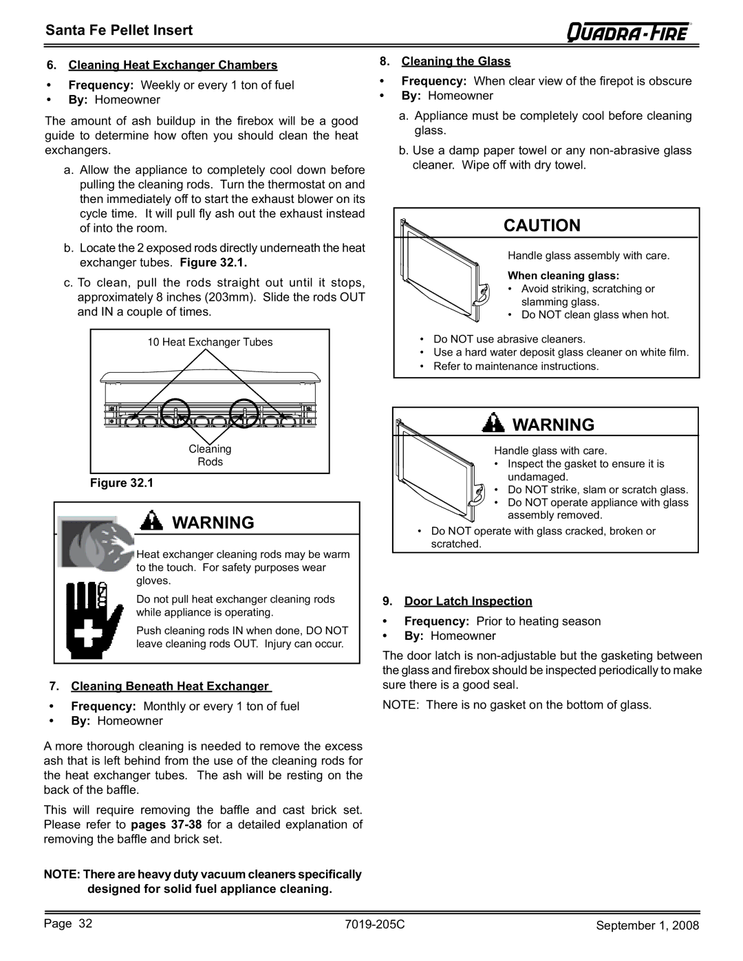 Hearth and Home Technologies SANTAFEI-B owner manual Cleaning Beneath Heat Exchanger, Door Latch Inspection 