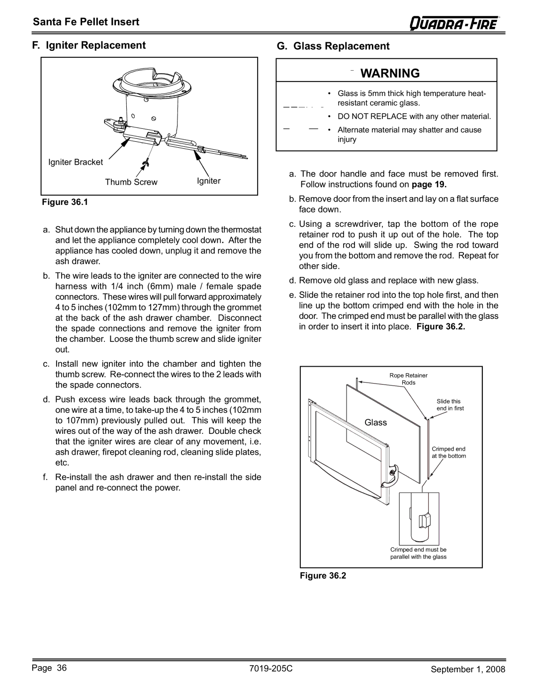 Hearth and Home Technologies SANTAFEI-B owner manual Santa Fe Pellet Insert Igniter Replacement Glass Replacement 