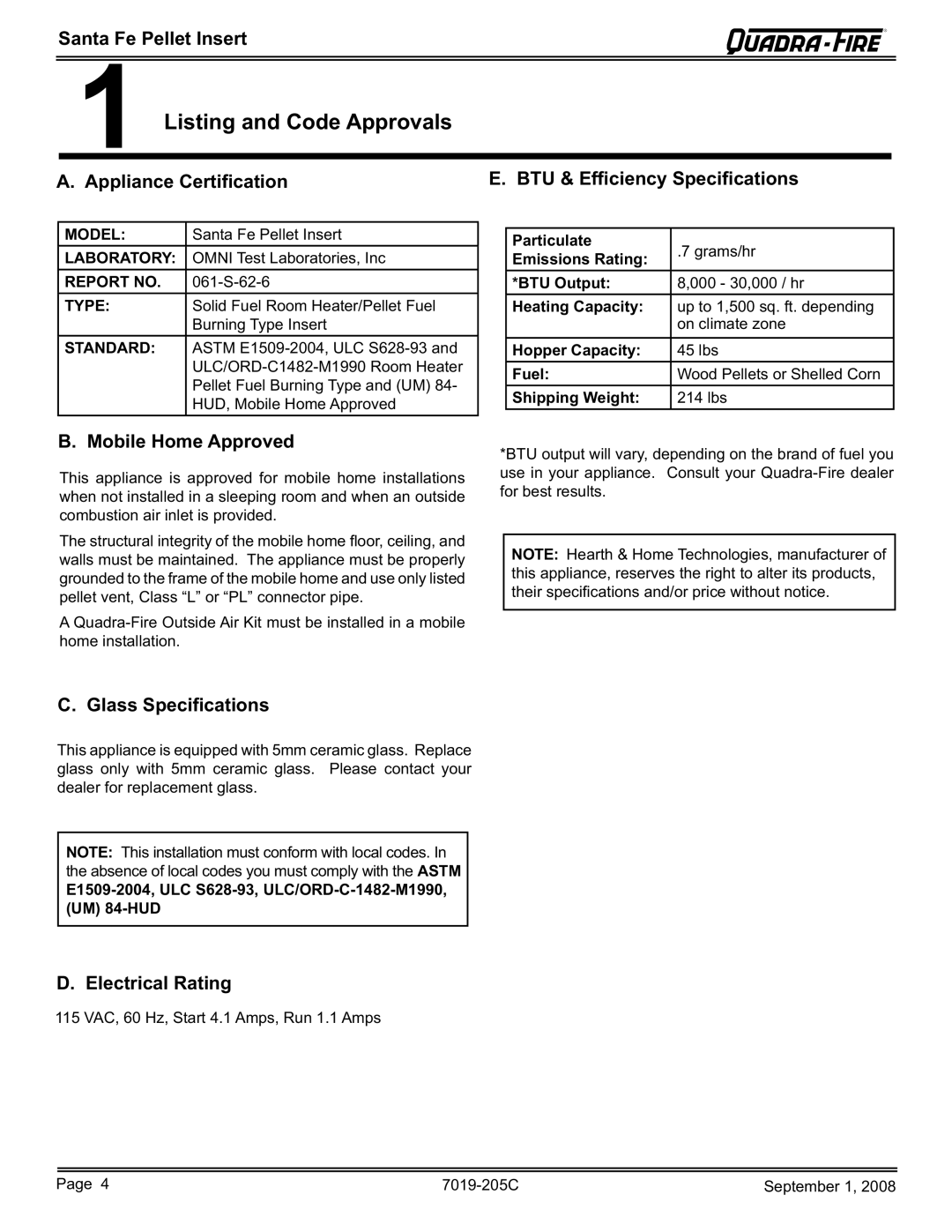 Hearth and Home Technologies SANTAFEI-B Listing and Code Approvals, Appliance Certiﬁcation BTU & Efﬁciency Speciﬁcations 