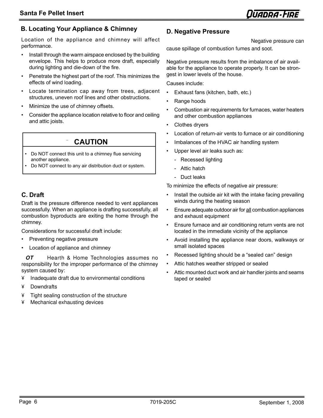 Hearth and Home Technologies SANTAFEI-B Santa Fe Pellet Insert Locating Your Appliance & Chimney, Draft, Negative Pressure 