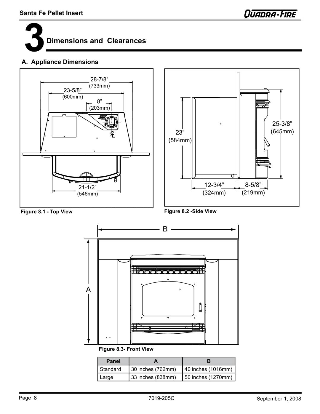 Hearth and Home Technologies SANTAFEI-B owner manual 3Dimensions and Clearances, Appliance Dimensions 