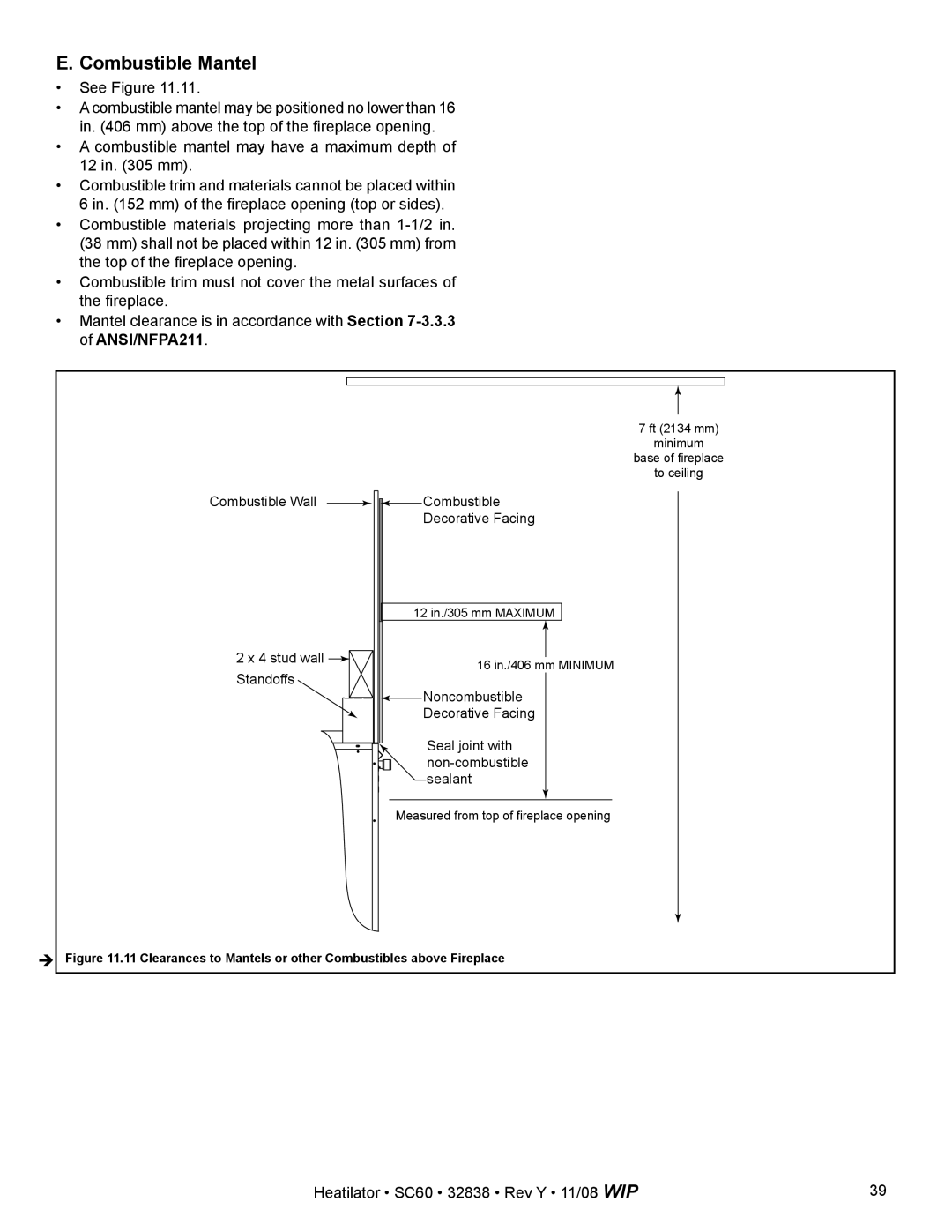 Hearth and Home Technologies SC60 owner manual Combustible Mantel 