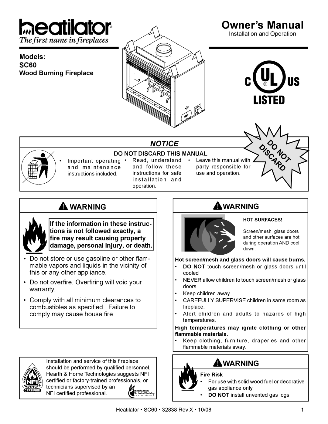 Hearth and Home Technologies SC60 owner manual Wood Burning Fireplace, Hot screen/mesh and glass doors will cause burns 