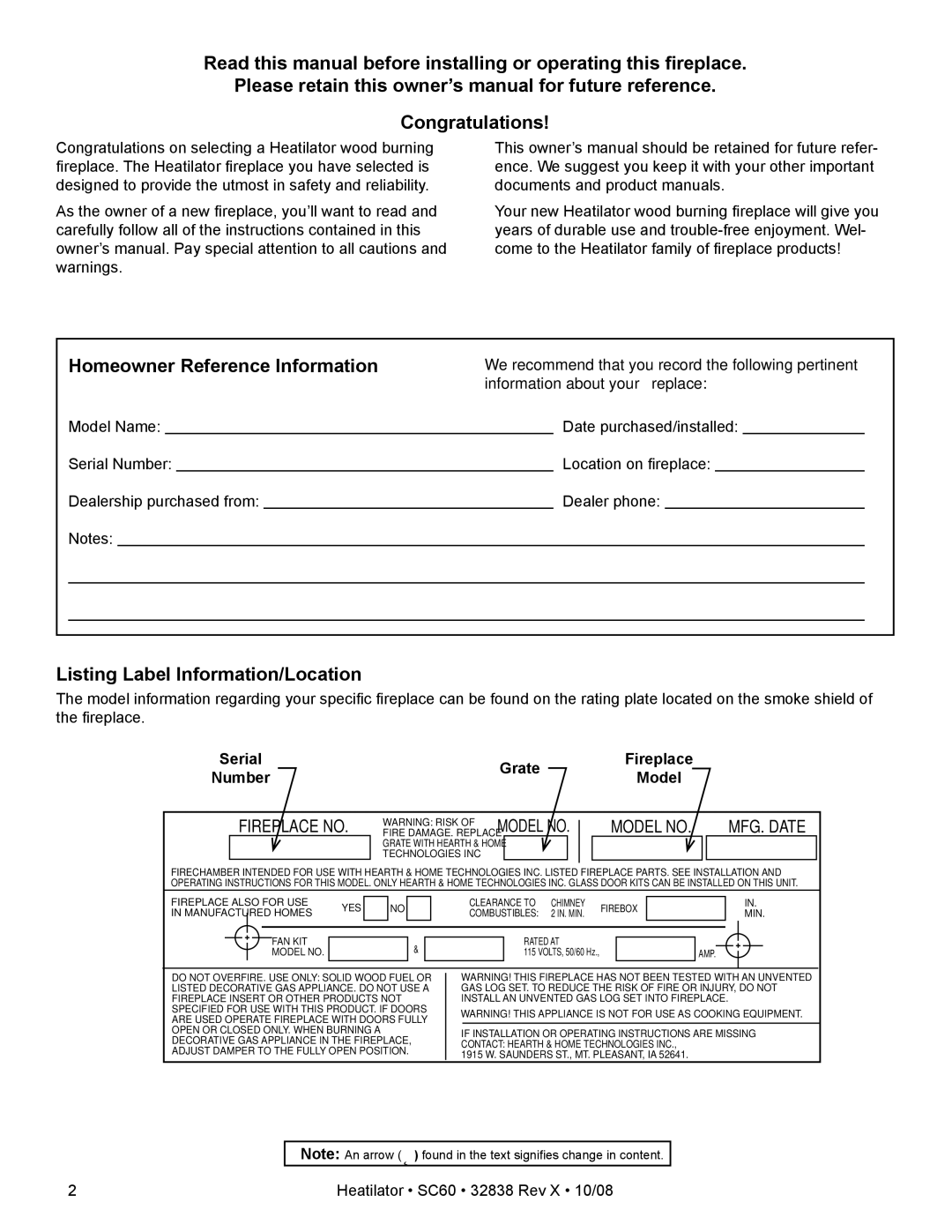 Hearth and Home Technologies SC60 owner manual Listing Label Information/Location, Grate, Number 