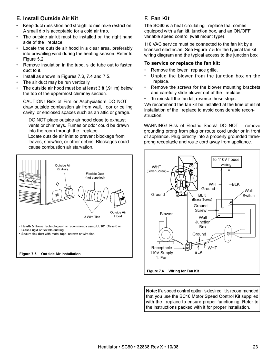 Hearth and Home Technologies SC60 owner manual Install Outside Air Kit, To service or replace the fan kit 