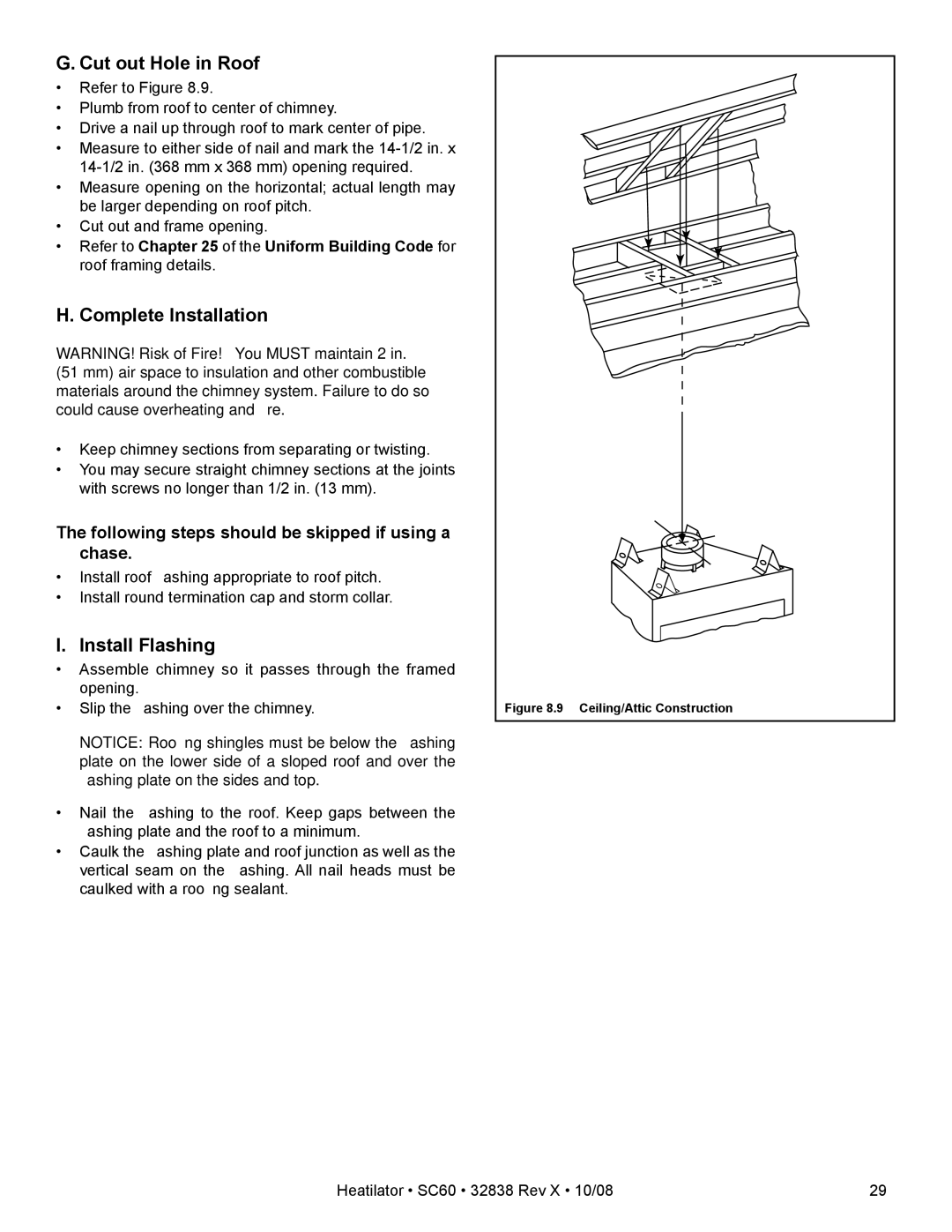 Hearth and Home Technologies SC60 owner manual Cut out Hole in Roof, Complete Installation, Install Flashing 