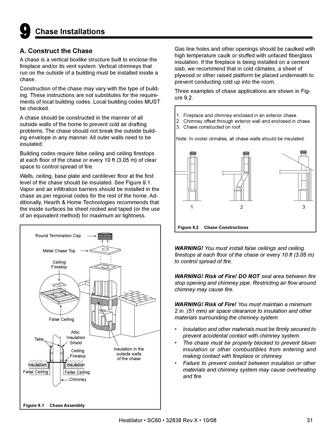 Hearth and Home Technologies SC60 owner manual Chase Installations, Construct the Chase 